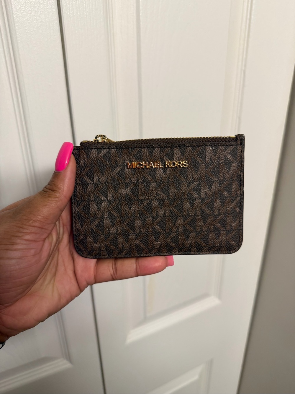 Michael Kors Dark Brown MK Monogram Zip Card Wallet